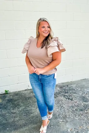 Show The Crowd Ruffle Sleeve Top, Beige