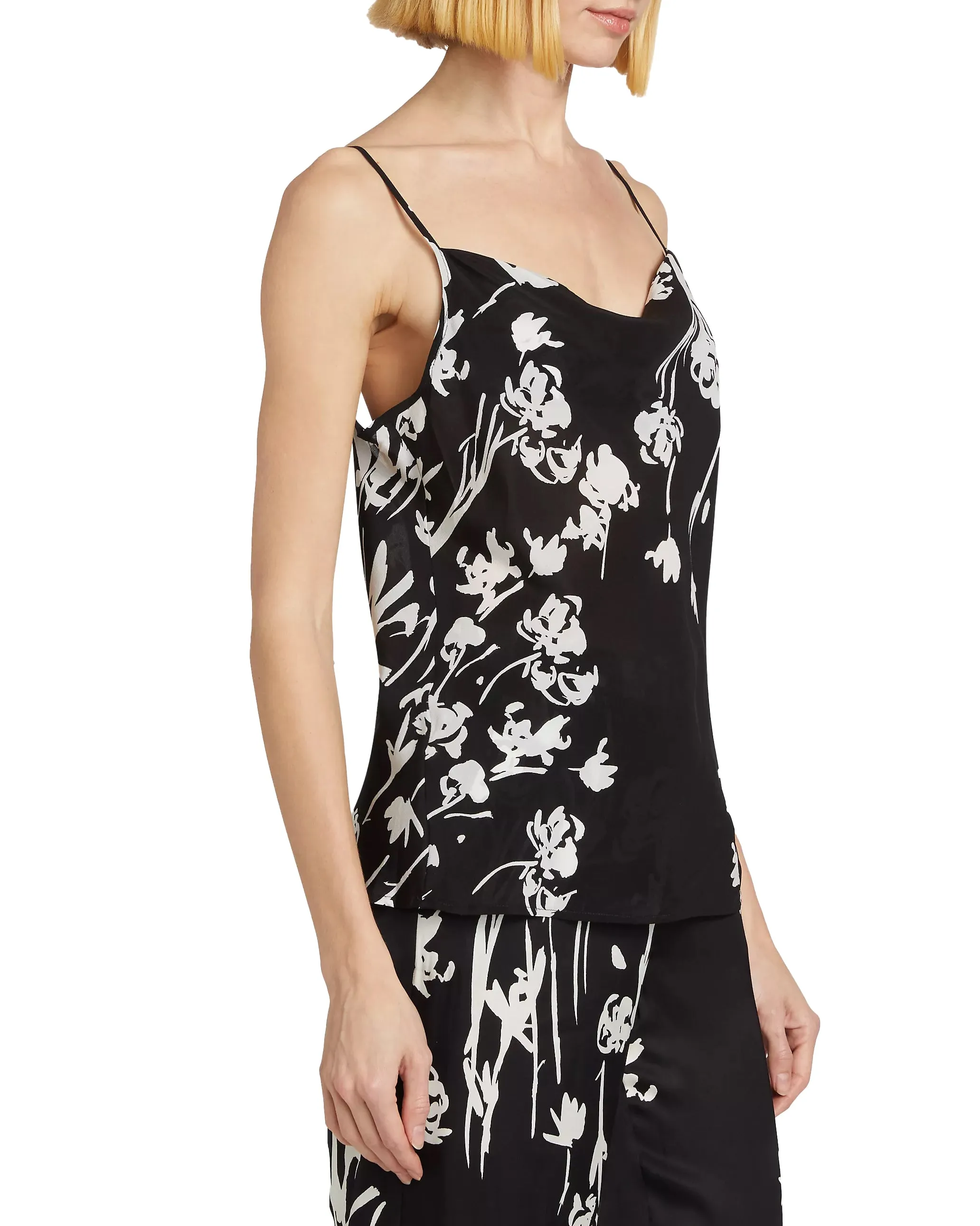 Silk Floral Drape Front Cami (Black Floral)