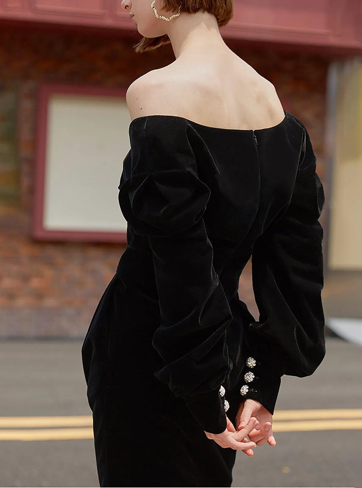 Spring Black Velvet Puff Sleeve V-Neck Dress