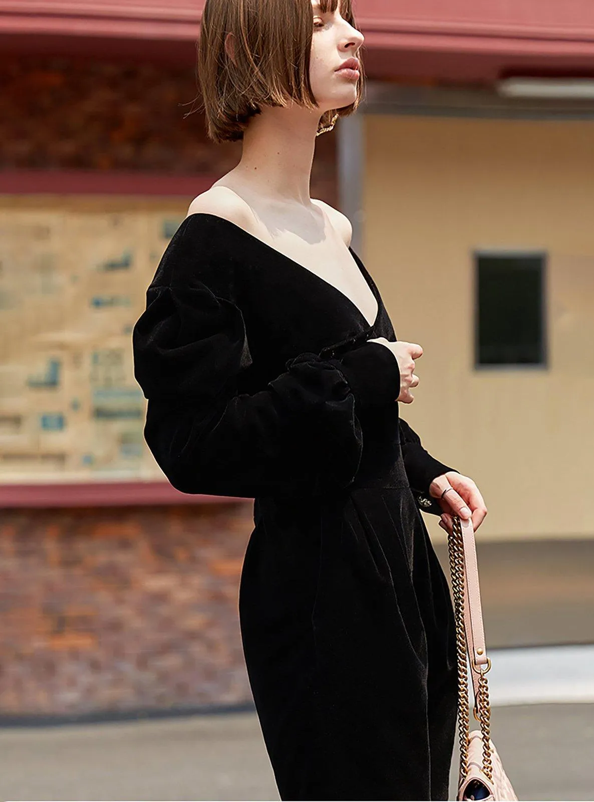 Spring Black Velvet Puff Sleeve V-Neck Dress