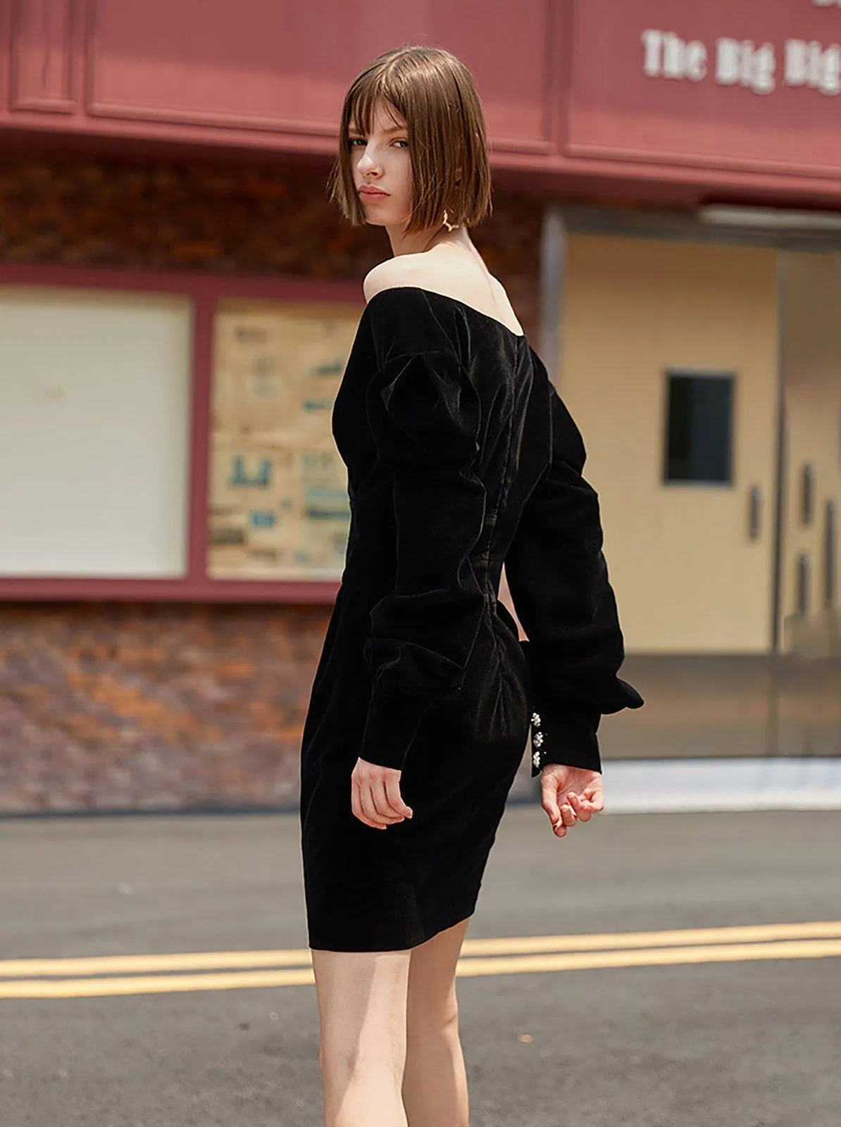 Spring Black Velvet Puff Sleeve V-Neck Dress