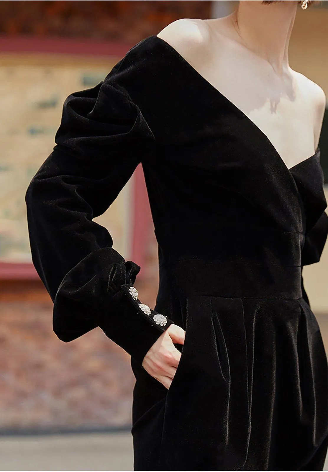 Spring Black Velvet Puff Sleeve V-Neck Dress