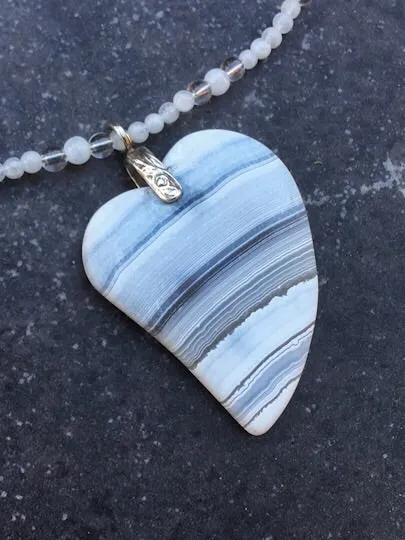 Striped Onyx heart pendant on beaded Moonstone & Clear Quartz Gemstone necklace