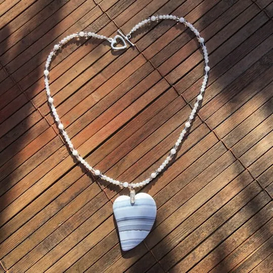 Striped Onyx heart pendant on beaded Moonstone & Clear Quartz Gemstone necklace