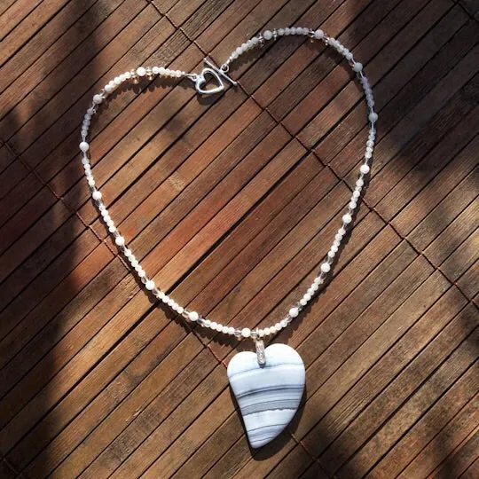 Striped Onyx heart pendant on beaded Moonstone & Clear Quartz Gemstone necklace