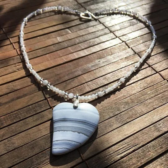 Striped Onyx heart pendant on beaded Moonstone & Clear Quartz Gemstone necklace