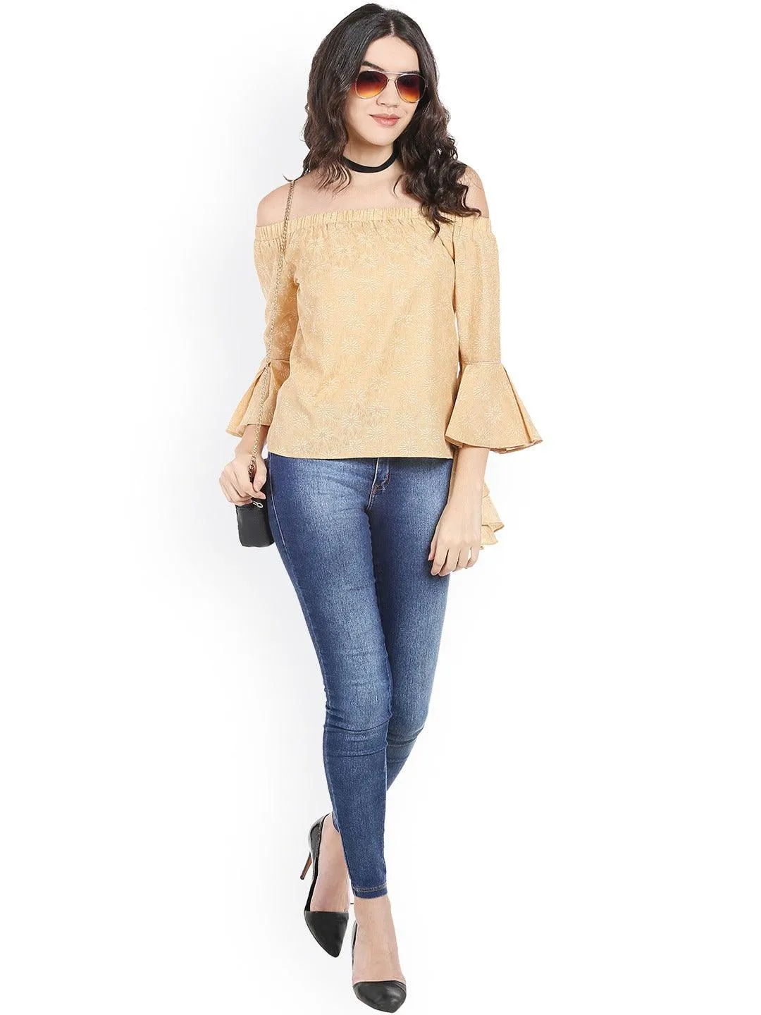 Style Quotient Women Beige Off-Shoulder Floral Fashion Tops