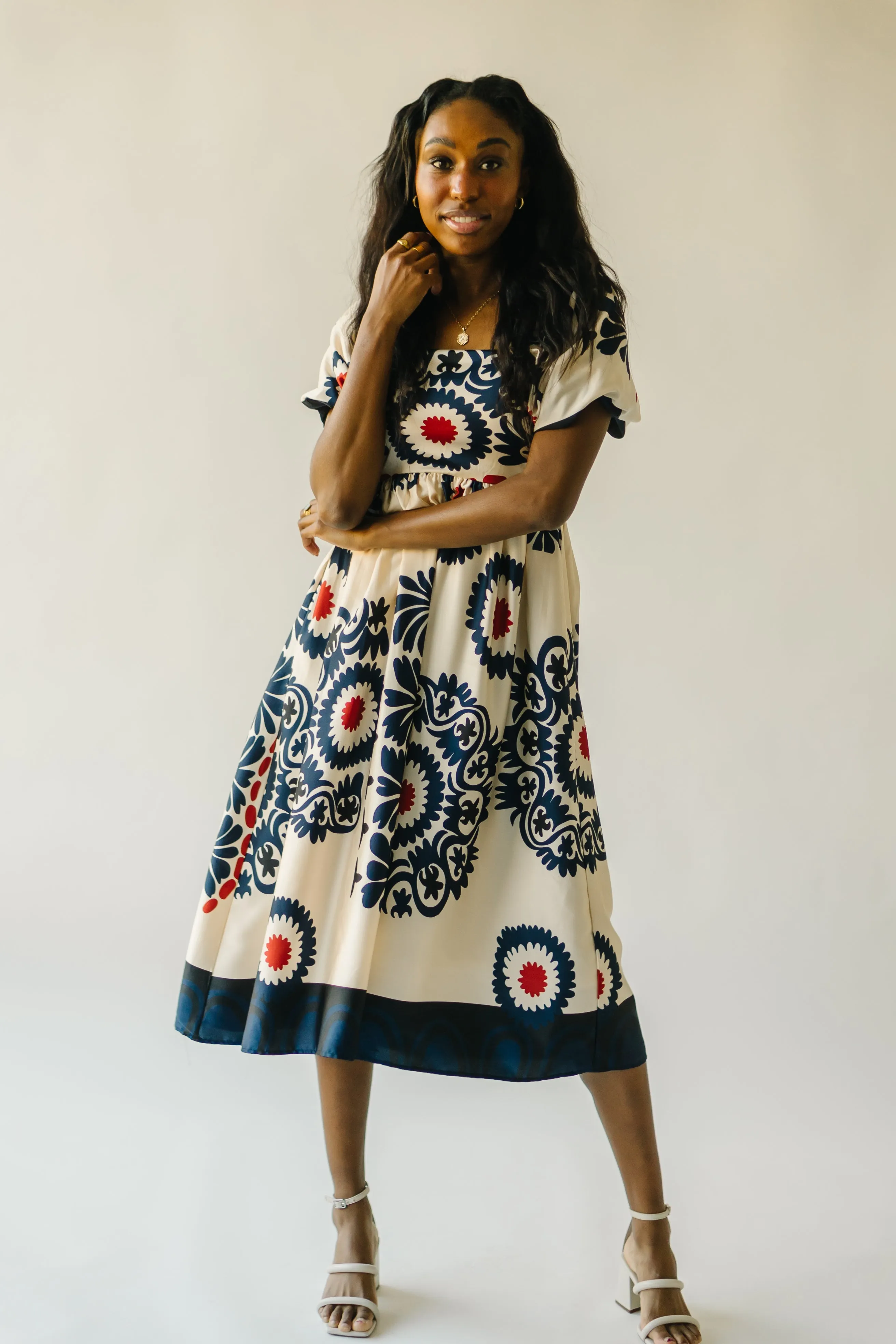 The Armada Puff Sleeve Satin Midi Dress in Navy Multi