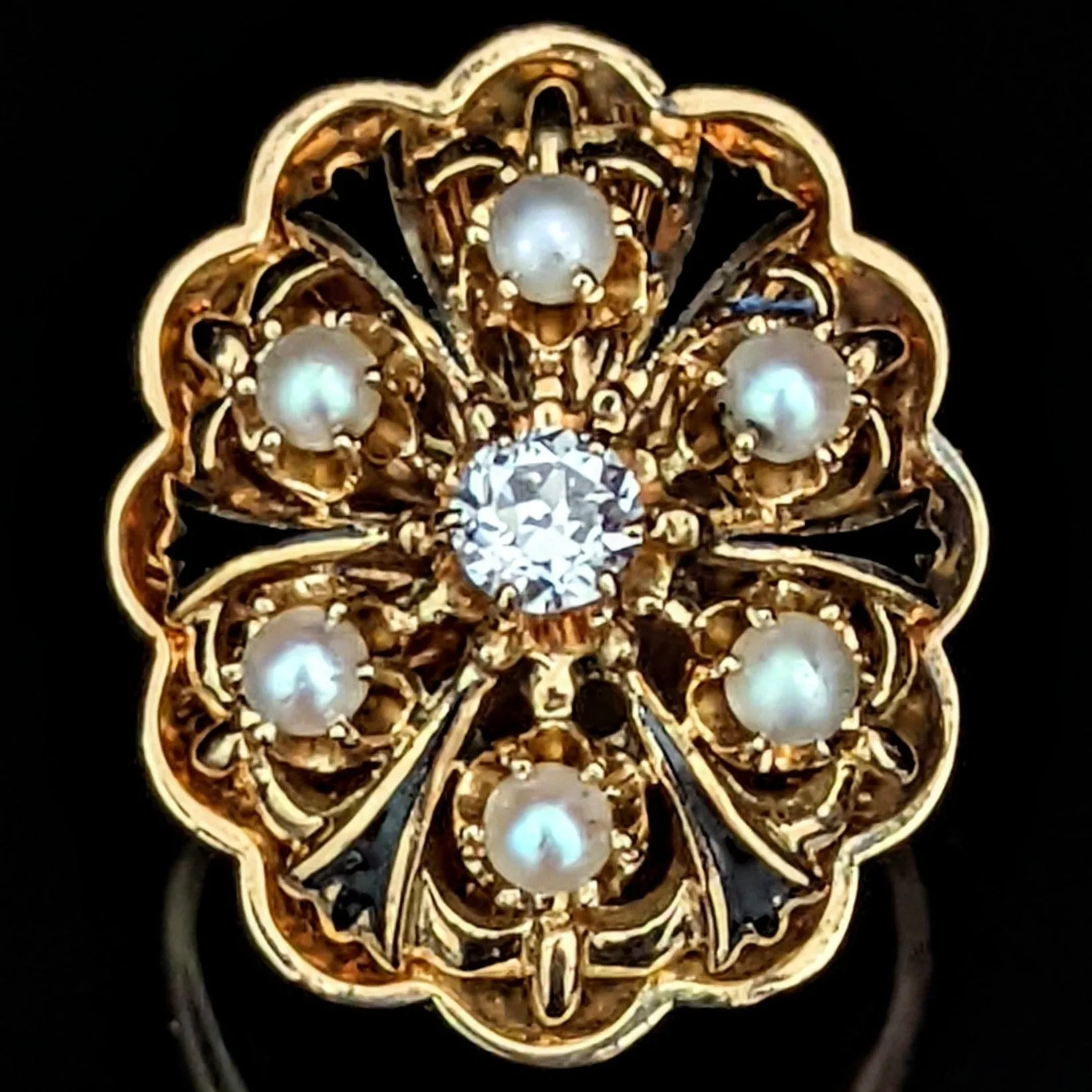 The Chantilly - Estate Old European Cut Diamond Tracery Enamel 14k Gold Ring