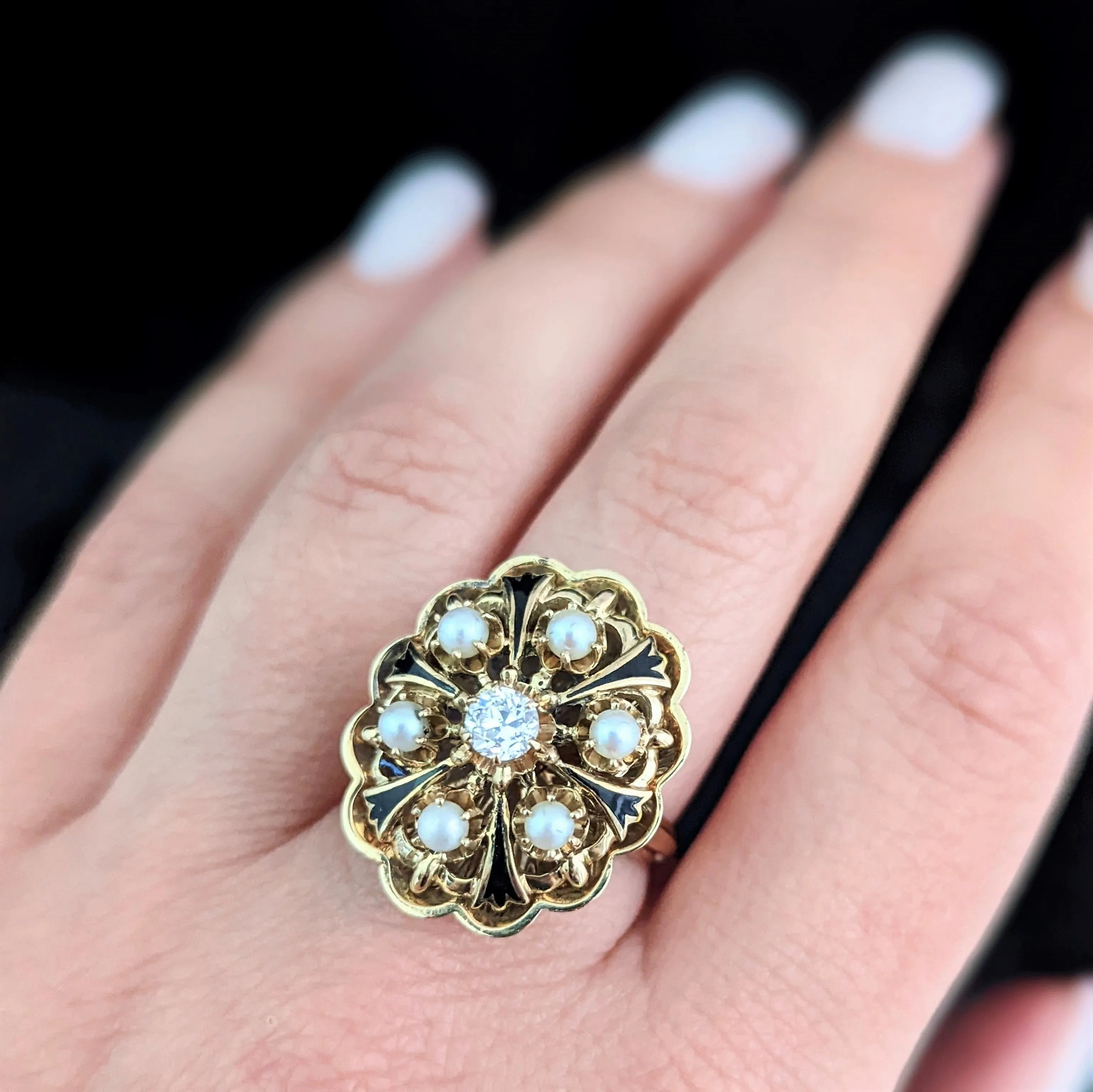 The Chantilly - Estate Old European Cut Diamond Tracery Enamel 14k Gold Ring