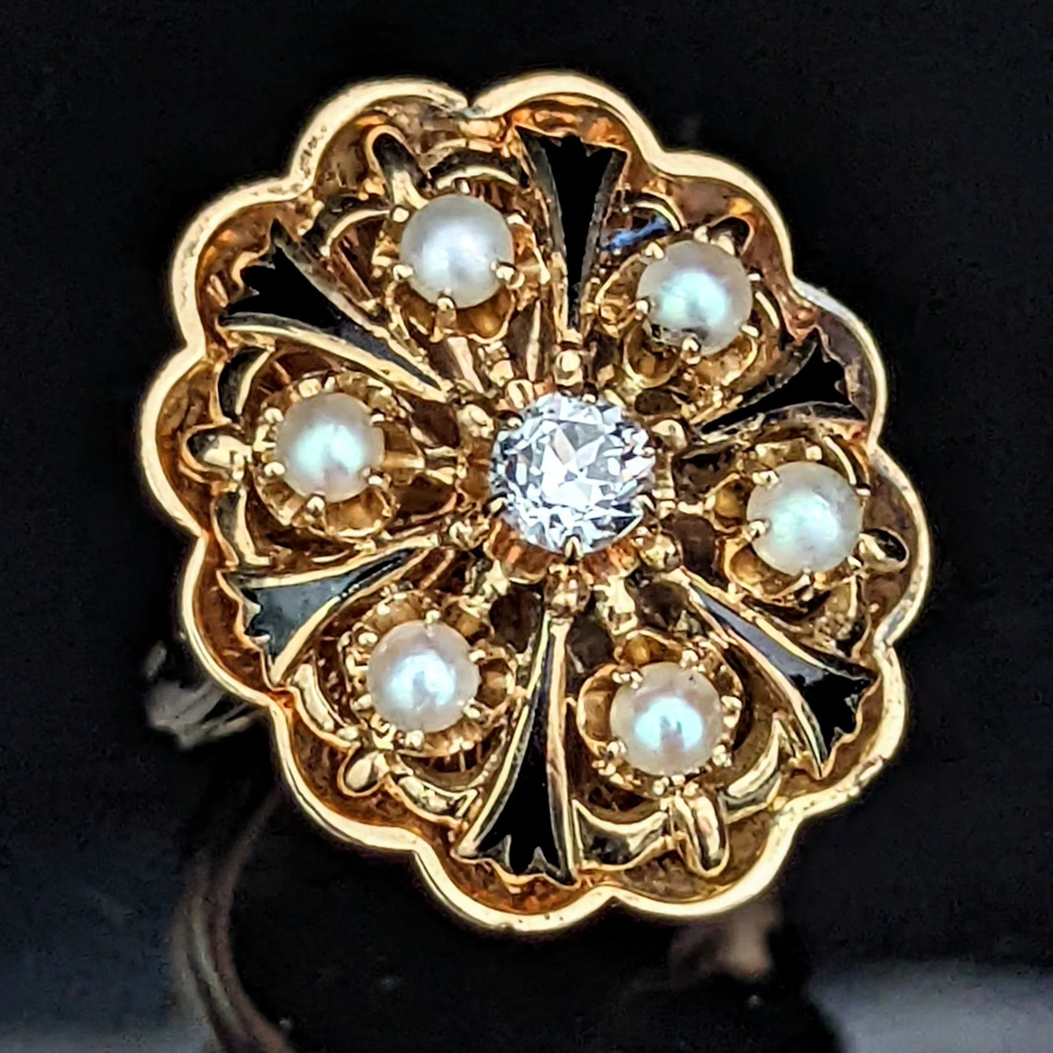 The Chantilly - Estate Old European Cut Diamond Tracery Enamel 14k Gold Ring