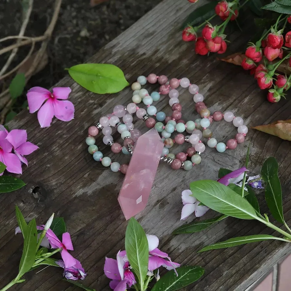 The Pink Enchanter Mala - Rose Quartz Pendant Necklace in 108 Beads