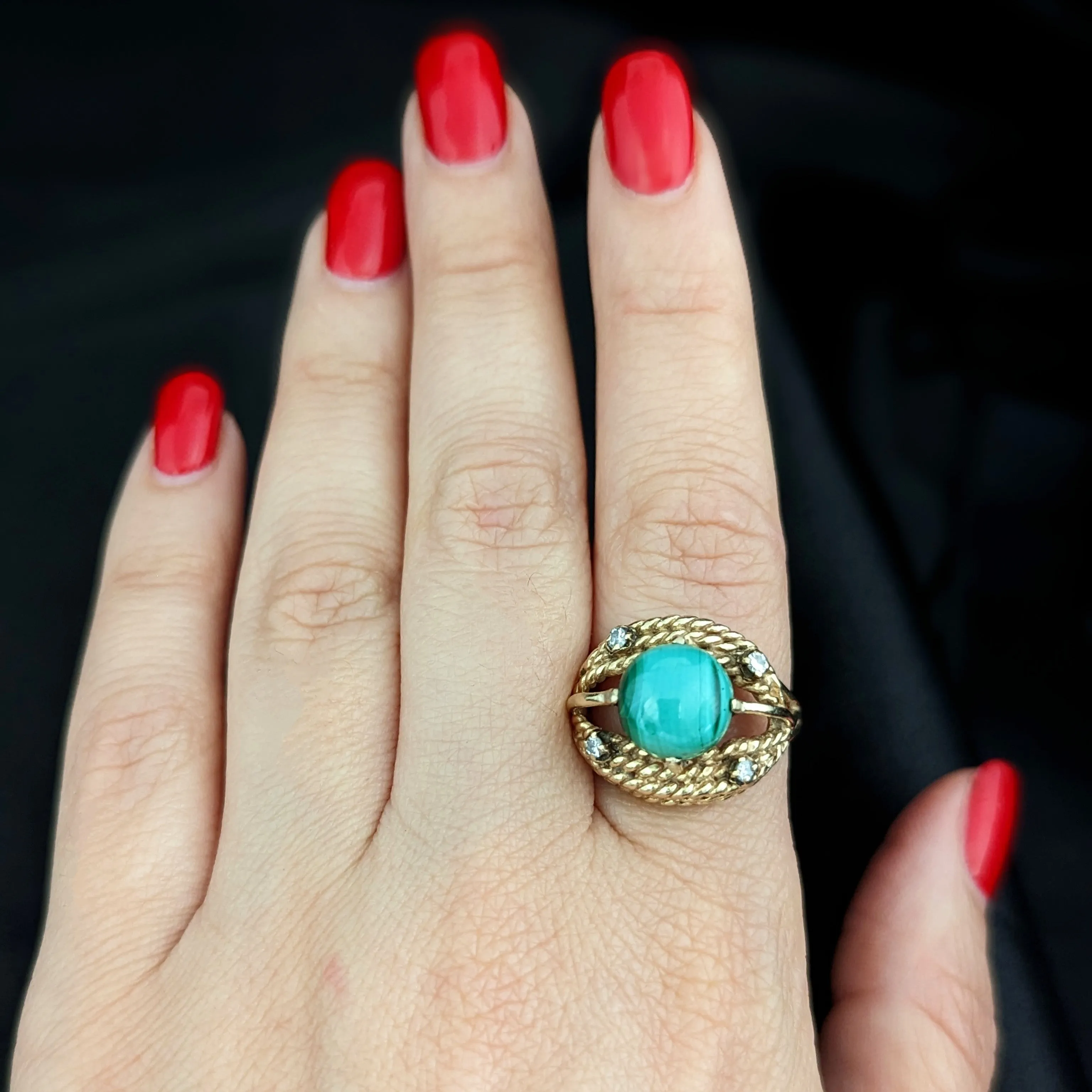 The Siena - Vintage Malachite Diamond 14k Yellow Gold Cocktail Ring