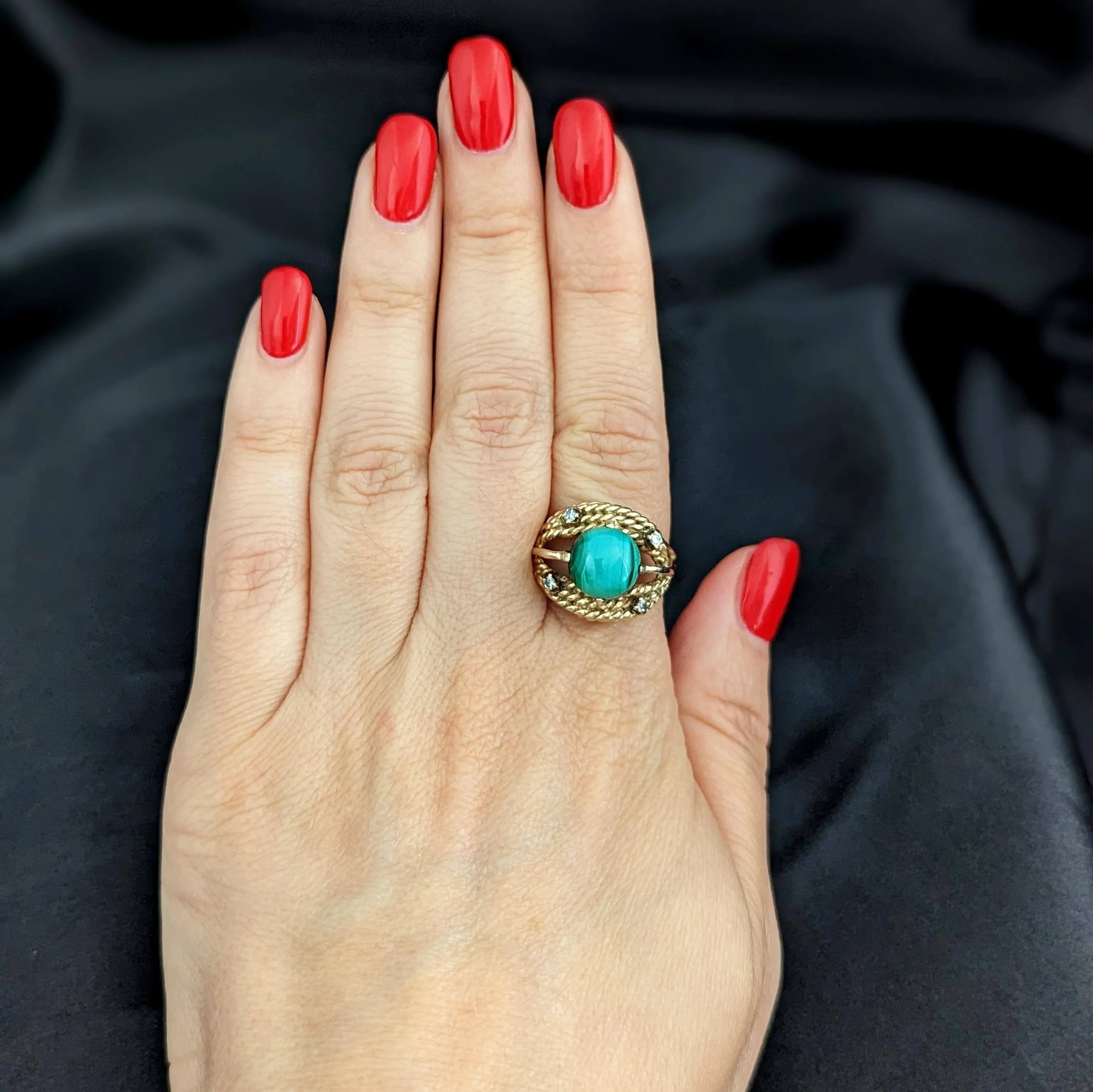 The Siena - Vintage Malachite Diamond 14k Yellow Gold Cocktail Ring