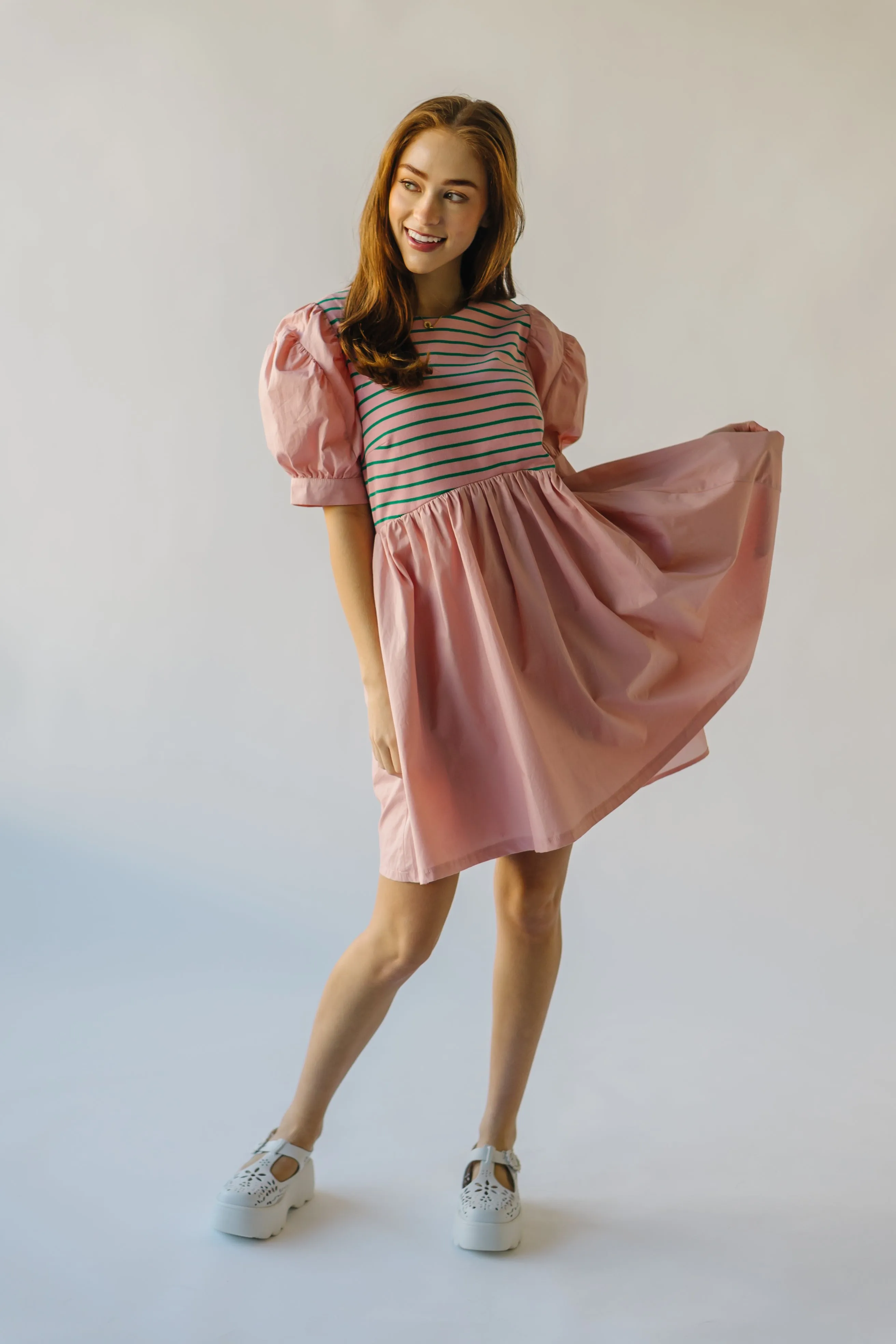 The Taylen Puff Sleeve Dress in Pink   Green Stripe