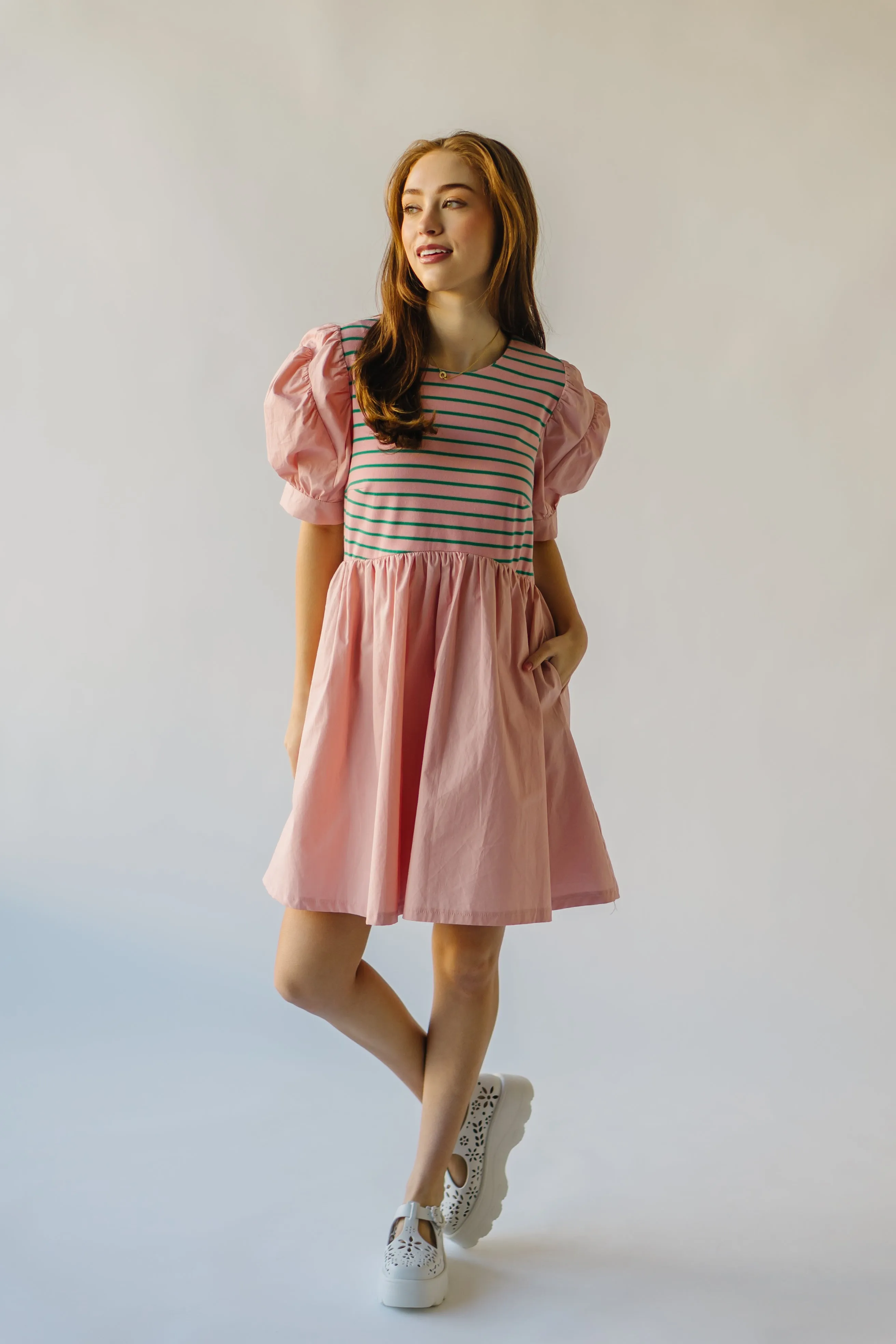 The Taylen Puff Sleeve Dress in Pink   Green Stripe