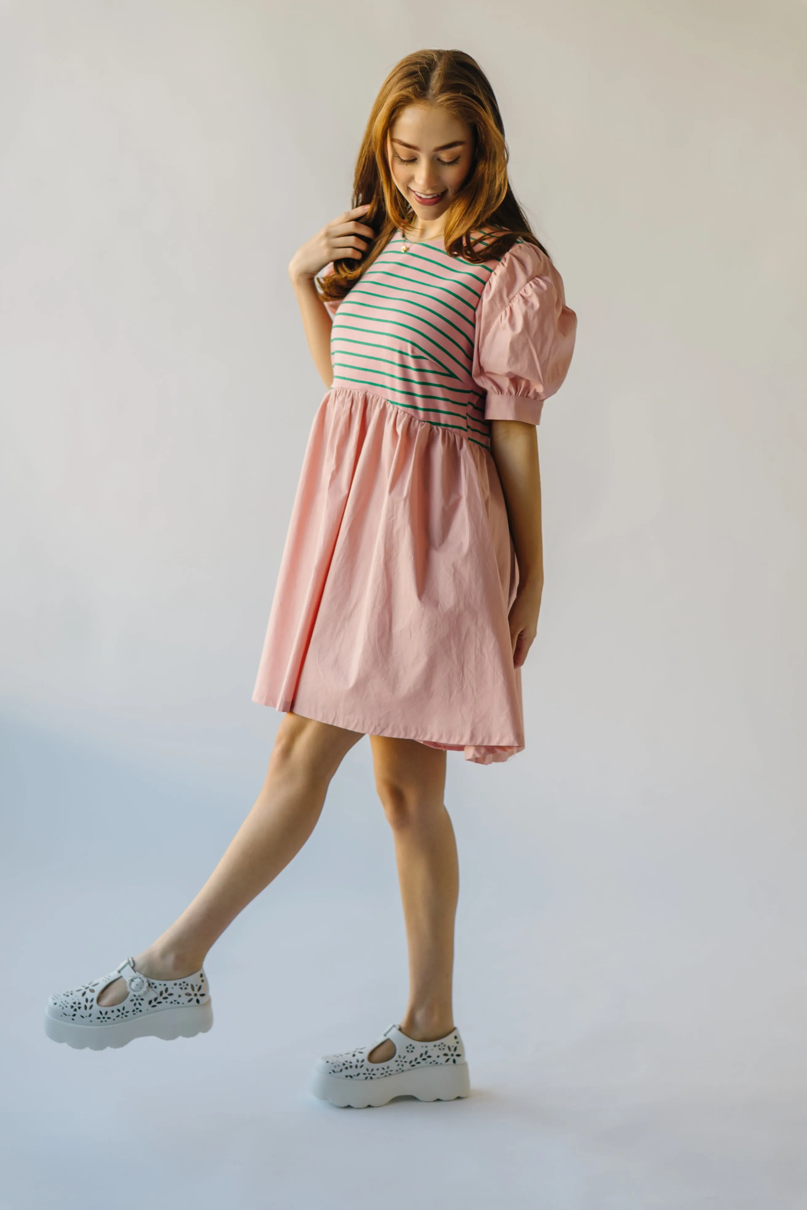 The Taylen Puff Sleeve Dress in Pink   Green Stripe