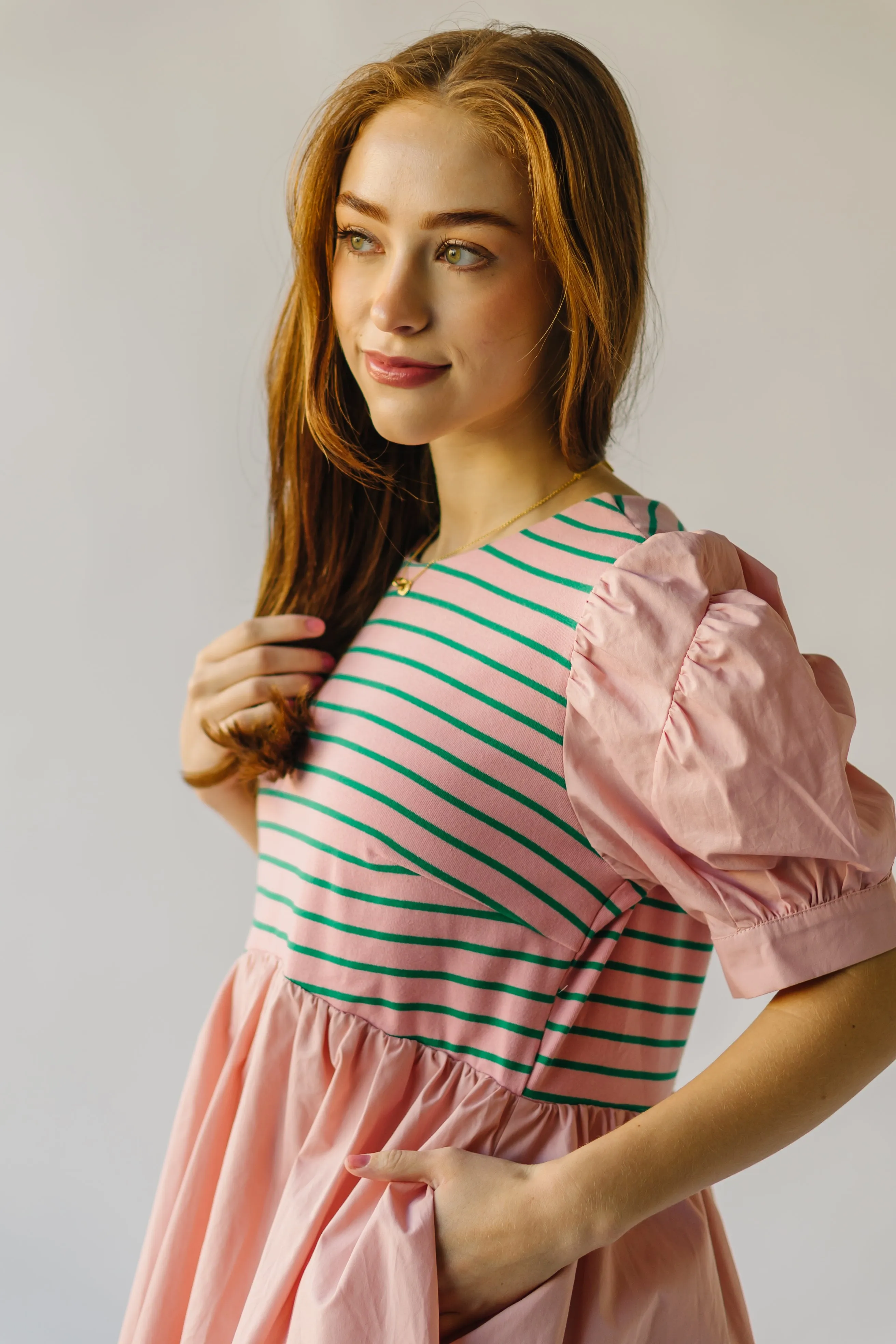 The Taylen Puff Sleeve Dress in Pink   Green Stripe