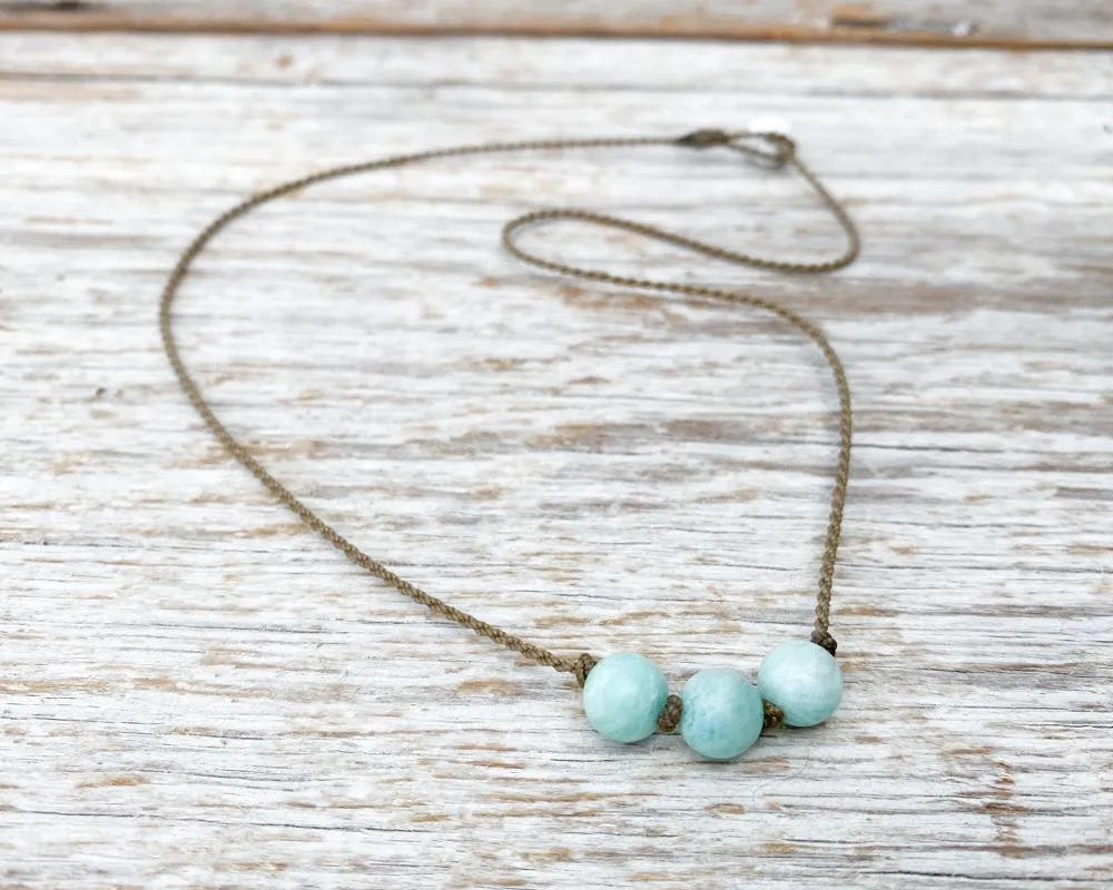 Triple Knotted Necklace-1078-Amazonite Medium Round