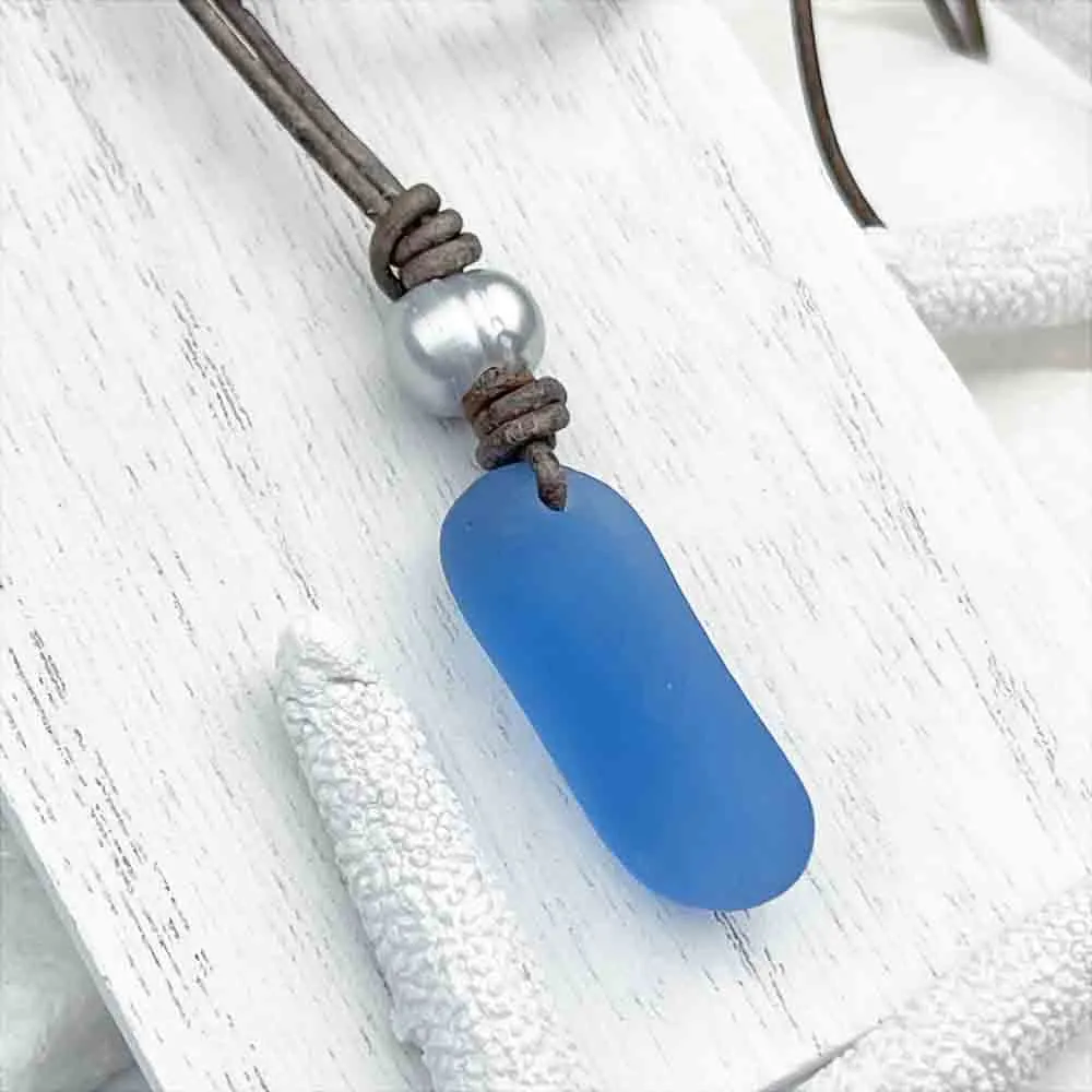 Twist of Cornflower Blue Sea Glass and Freshwater Pearl on a Leather Necklace | #1912