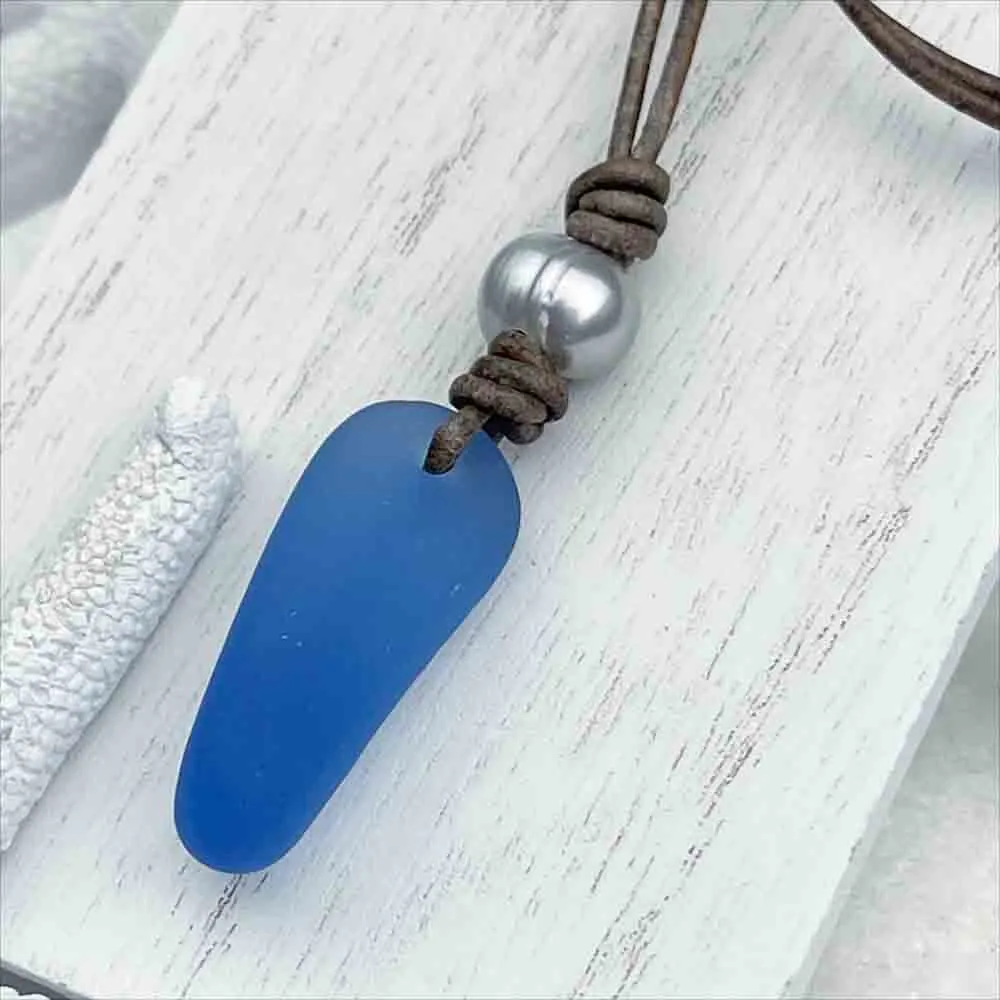 Twist of Cornflower Blue Sea Glass and Freshwater Pearl on a Leather Necklace | #1912