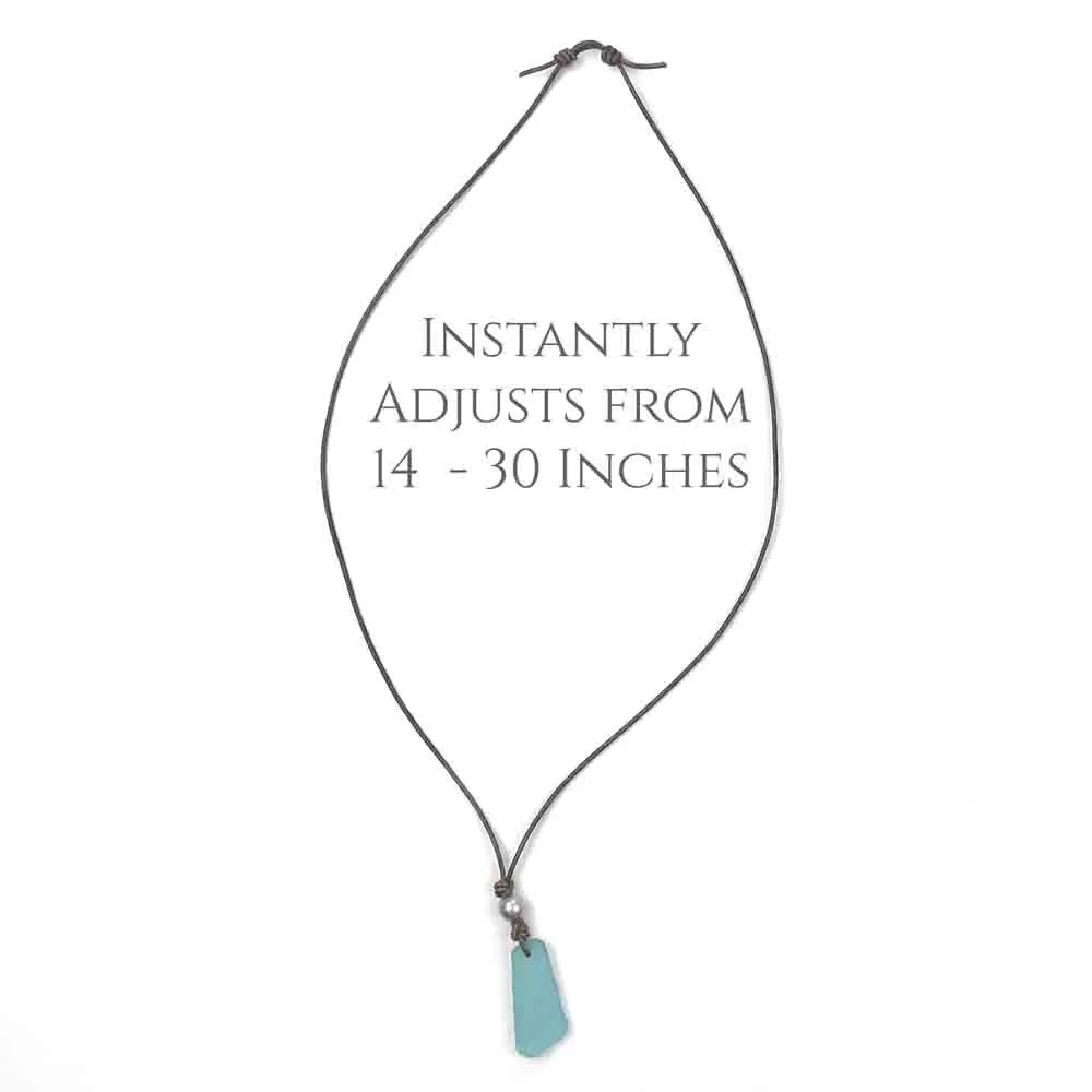 Twist of Cornflower Blue Sea Glass and Freshwater Pearl on a Leather Necklace | #1912