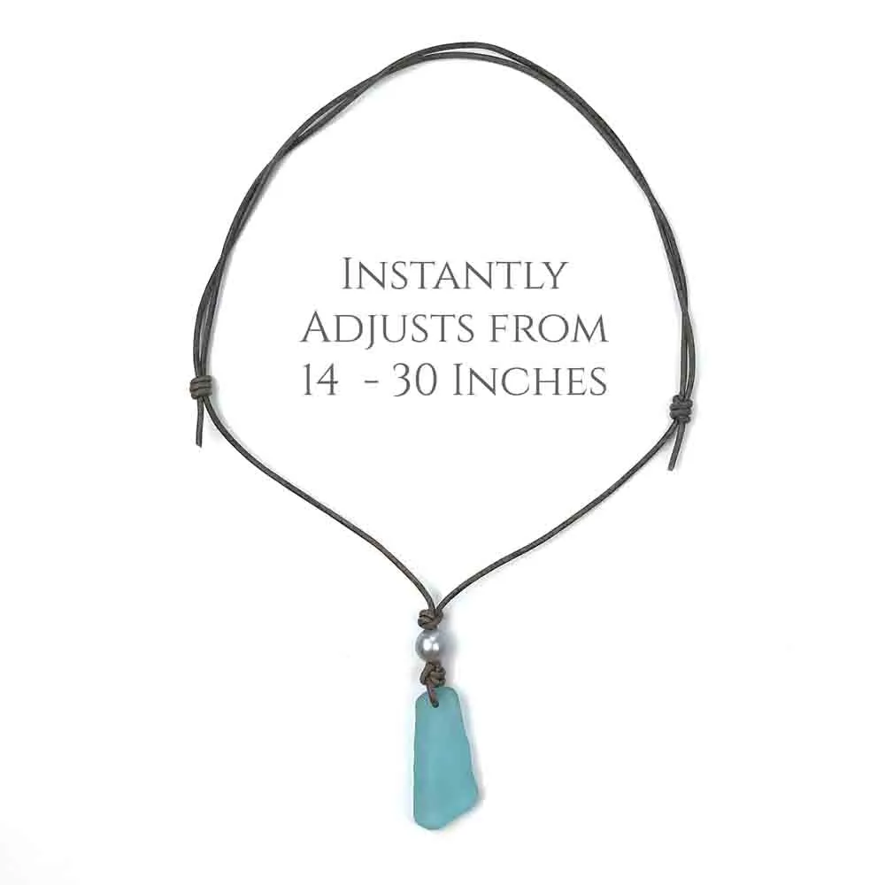 Twist of Cornflower Blue Sea Glass and Freshwater Pearl on a Leather Necklace | #1912