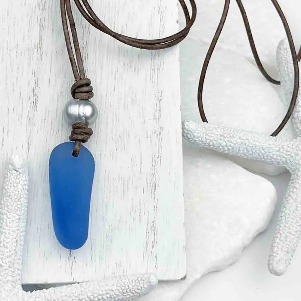 Twist of Cornflower Blue Sea Glass and Freshwater Pearl on a Leather Necklace | #1912