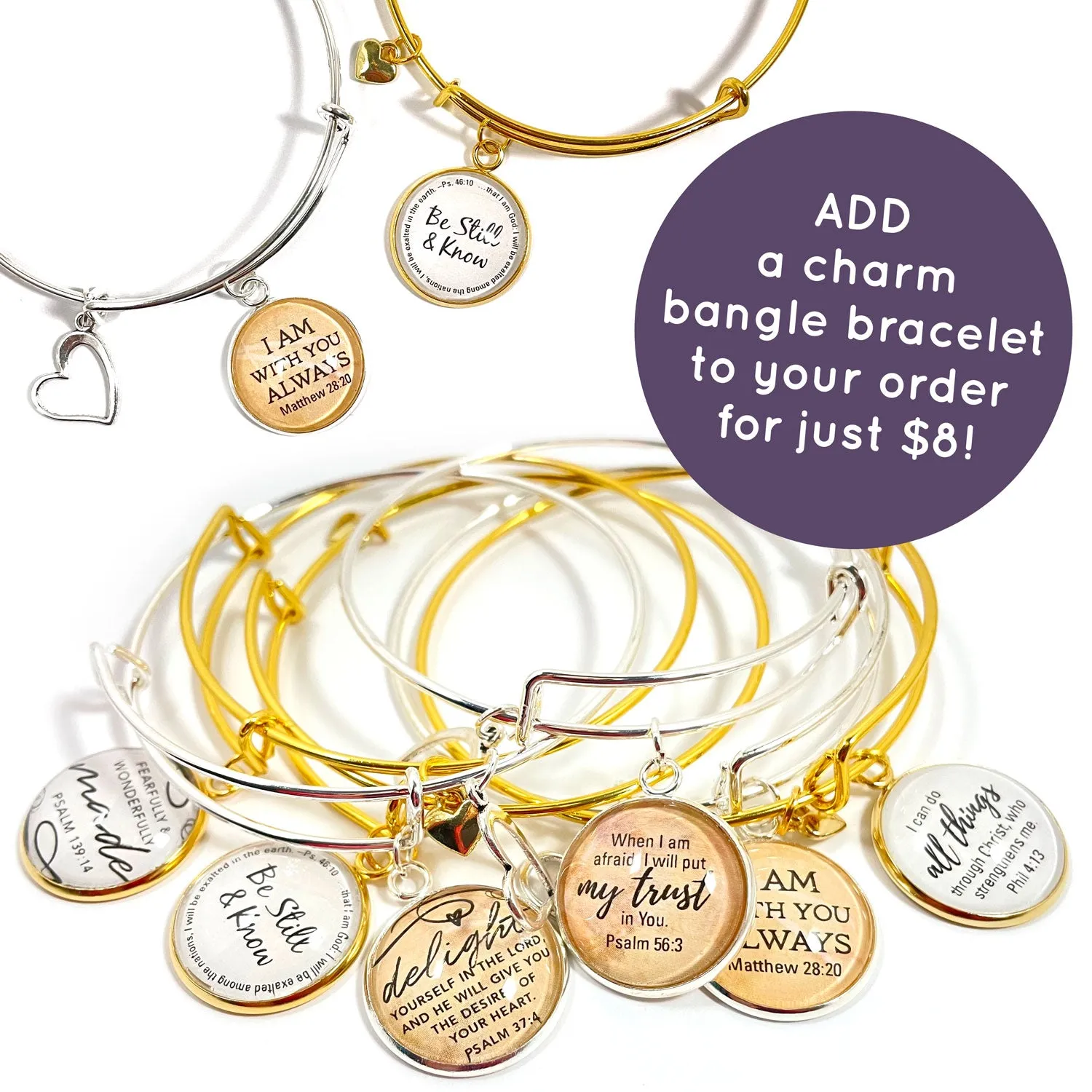 Until Heaven, Seek First, Greater is He – Silver-Plated Scripture Christian Pendant Necklaces (2 Sizes) – Add a Matching Charm Bangle!