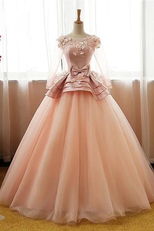 Vintage Pink Flower Long Sleeves Puffy Tulle Long Quinceanera Dress Prom Dresses