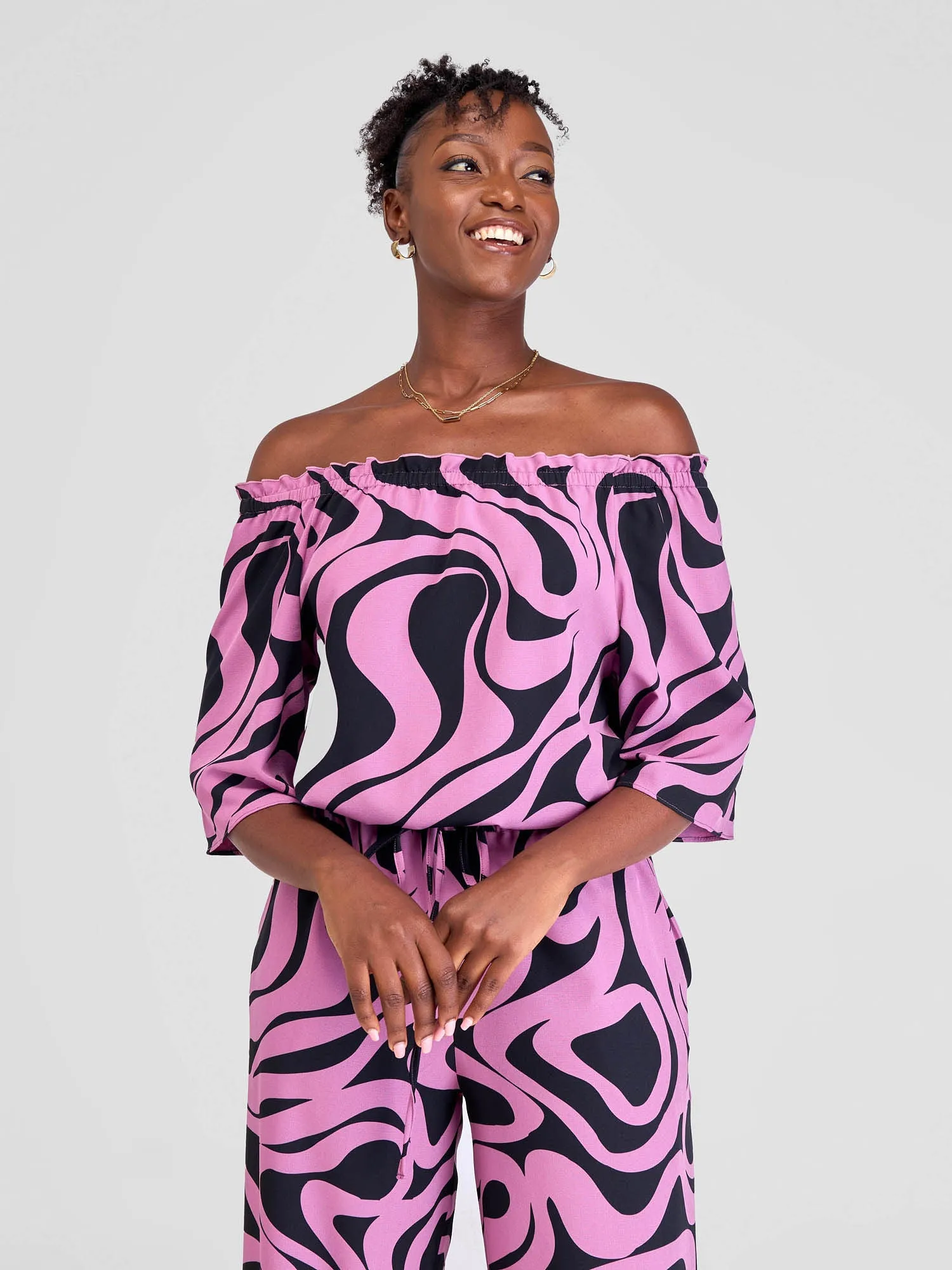 Vivo Situ Off Shoulder Top - Black / Purple Tiri Print