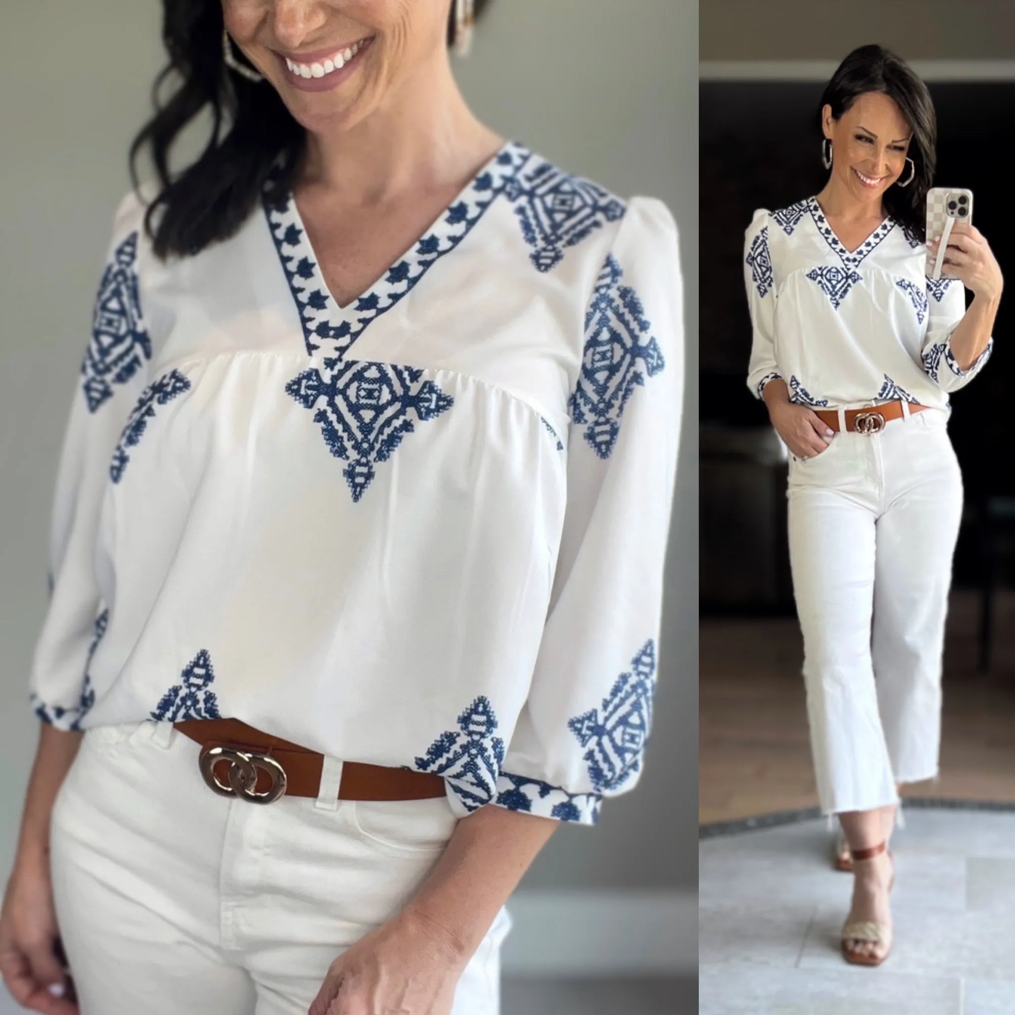 White and Blue V Neck Printed Loose Fit Blouse