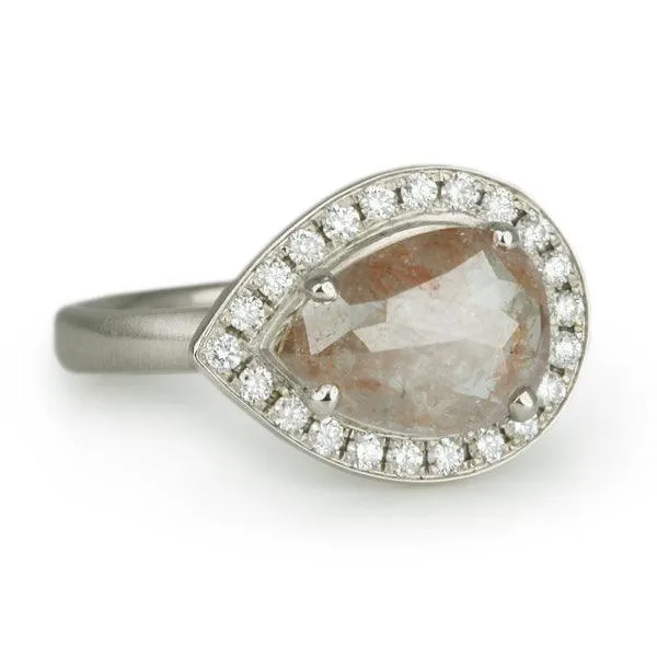 White Gold Pear-Shaped Cognac Diamond Ring with Pave Diamond Halo