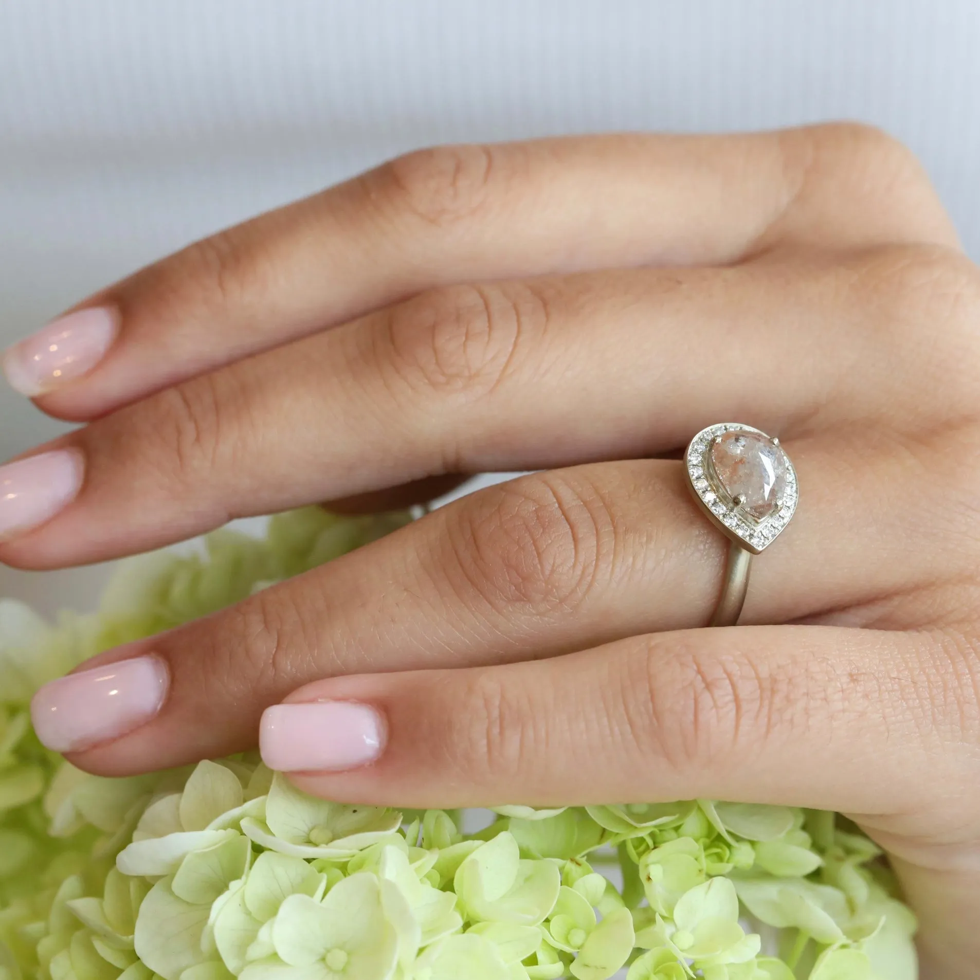 White Gold Pear-Shaped Cognac Diamond Ring with Pave Diamond Halo