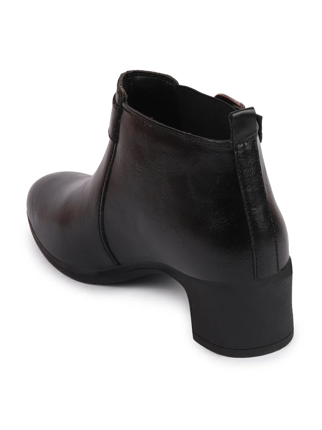 Women Black Flared Heel Mid Ankle Classic Winter Buckle Strap Chelsea Boots