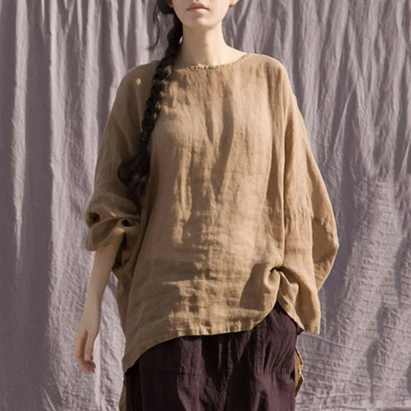 Women Cotton Linen Loose Casual High Low Blouse