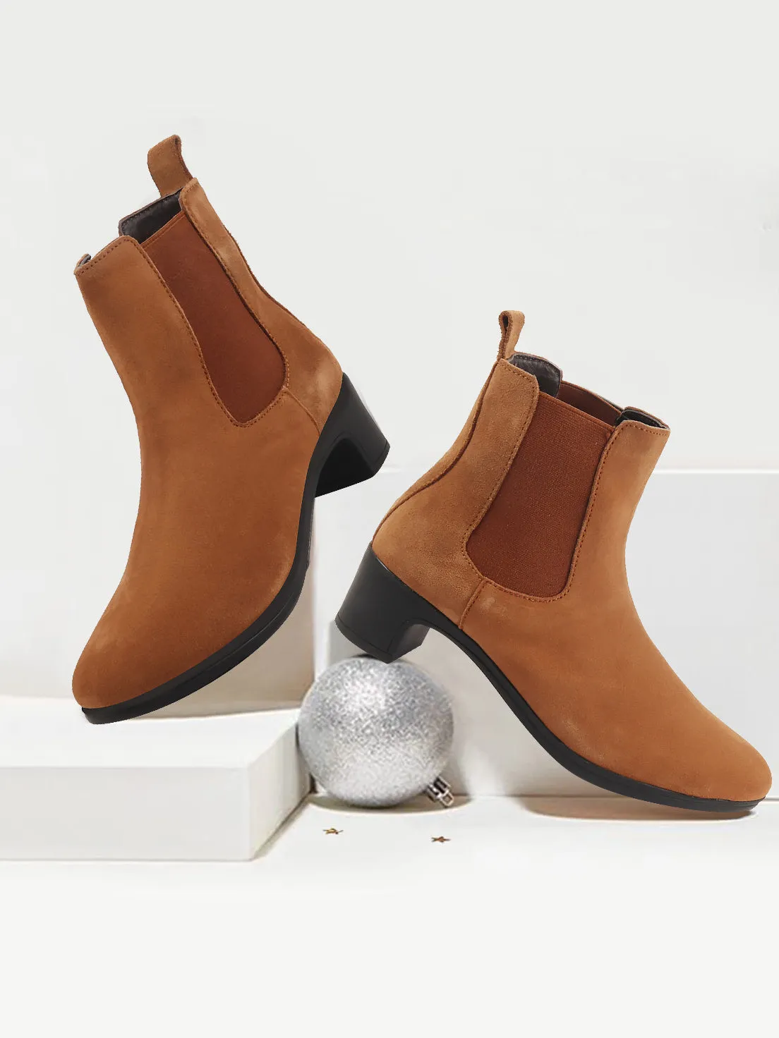 Women Tan Flared Heel High Ankle Suede Leather Classic Winter Chelsea Boots