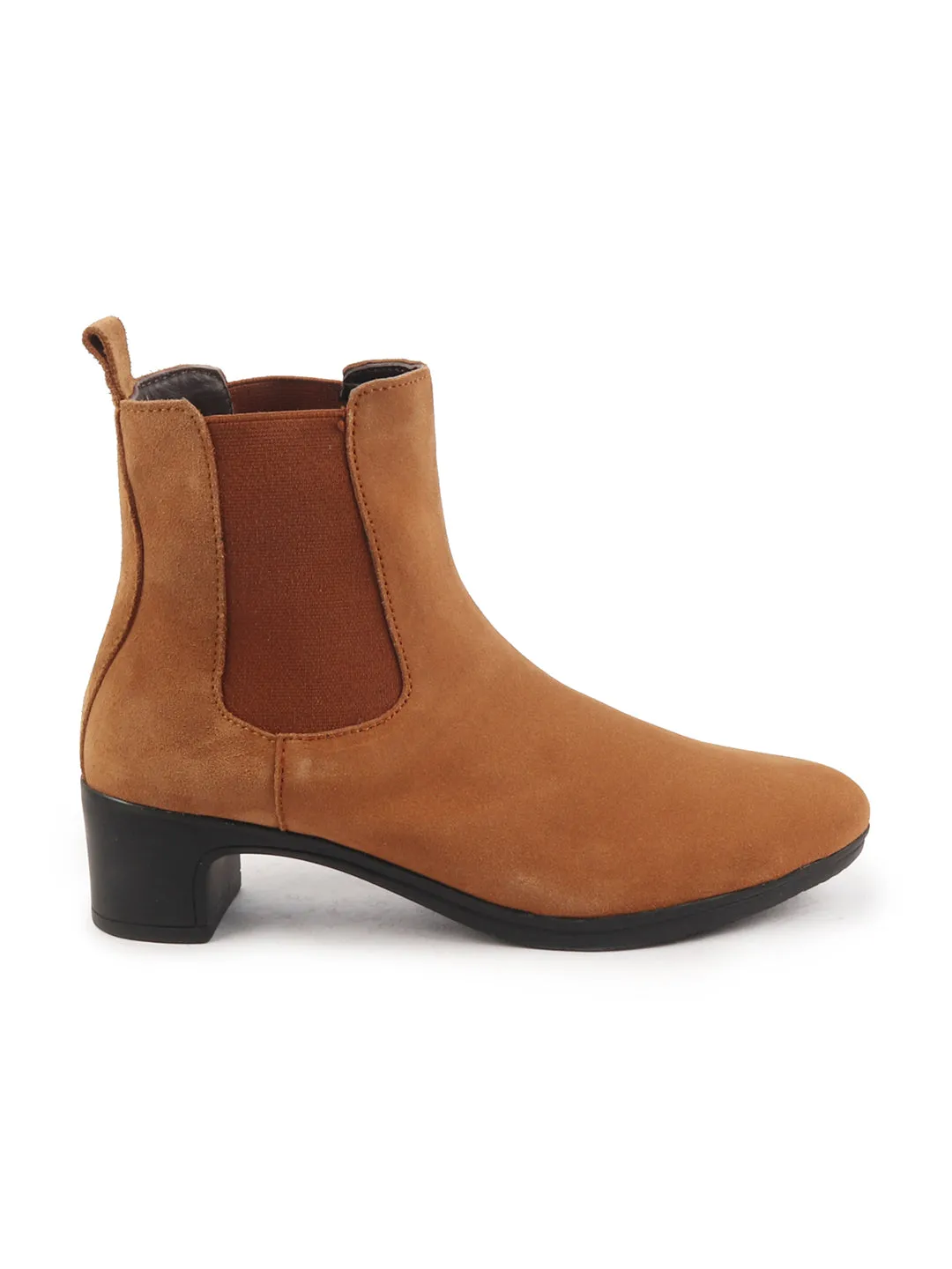 Women Tan Flared Heel High Ankle Suede Leather Classic Winter Chelsea Boots