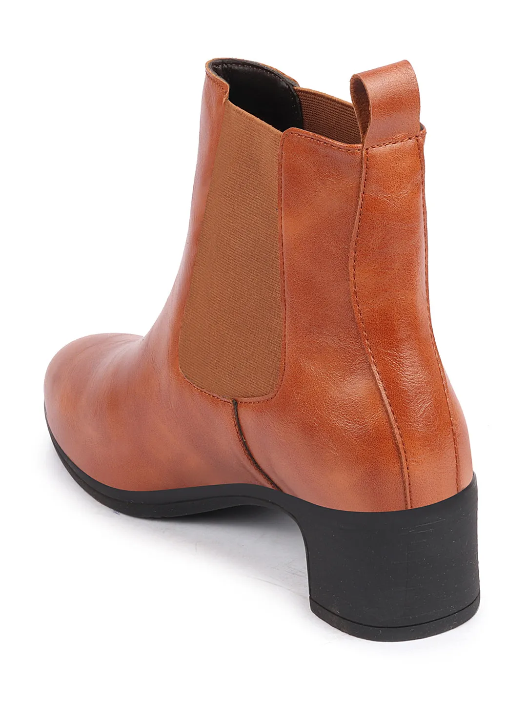 Women Tan Flared Heel High Ankle Top Winter Chelsea Boots