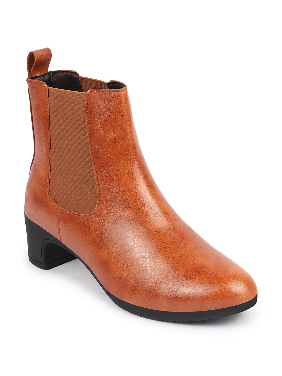 Women Tan Flared Heel High Ankle Top Winter Chelsea Boots