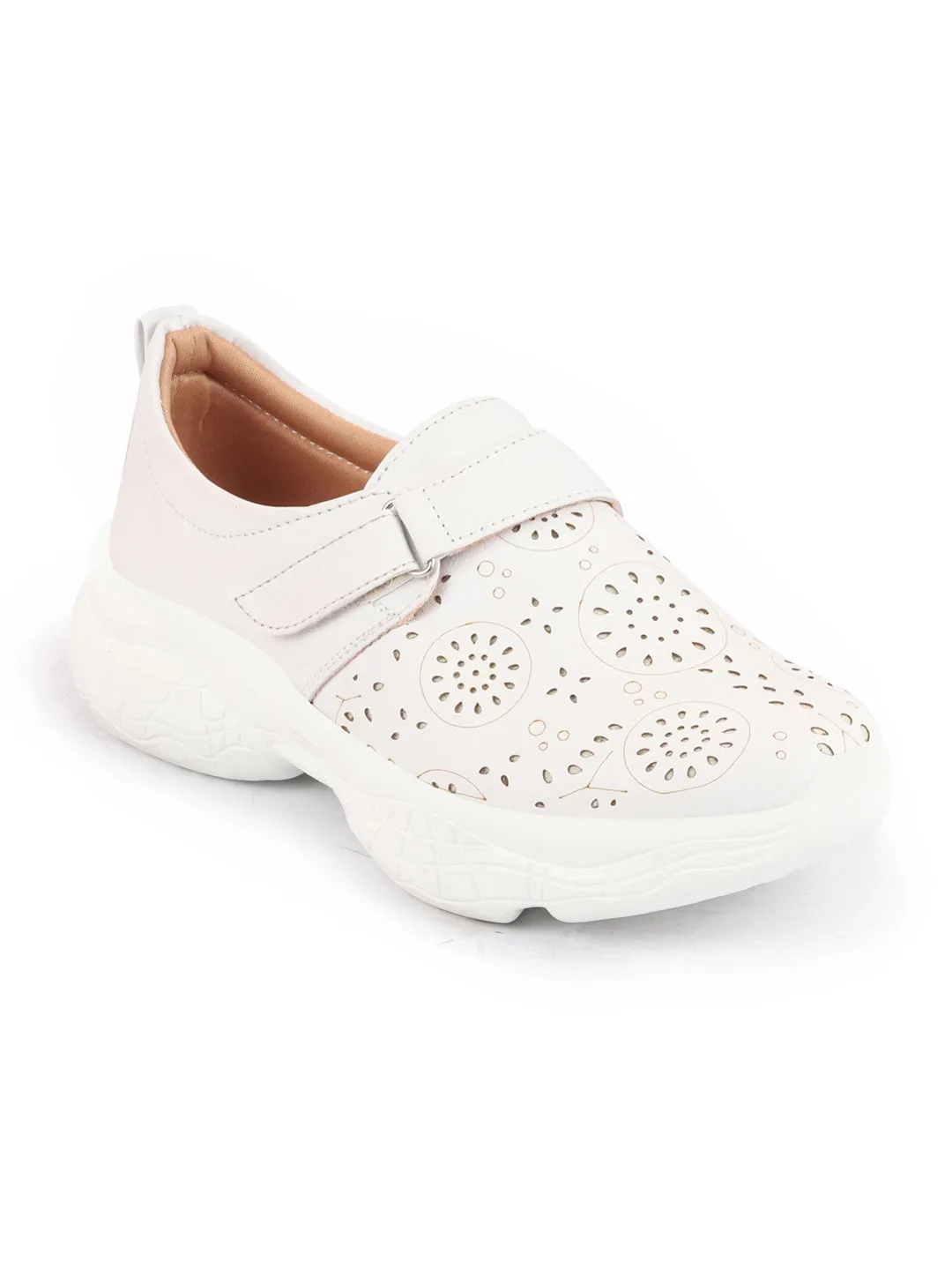 Women White Laser Cut Design Stitched Back Open Hook & Loop Buckle Mules Shoes