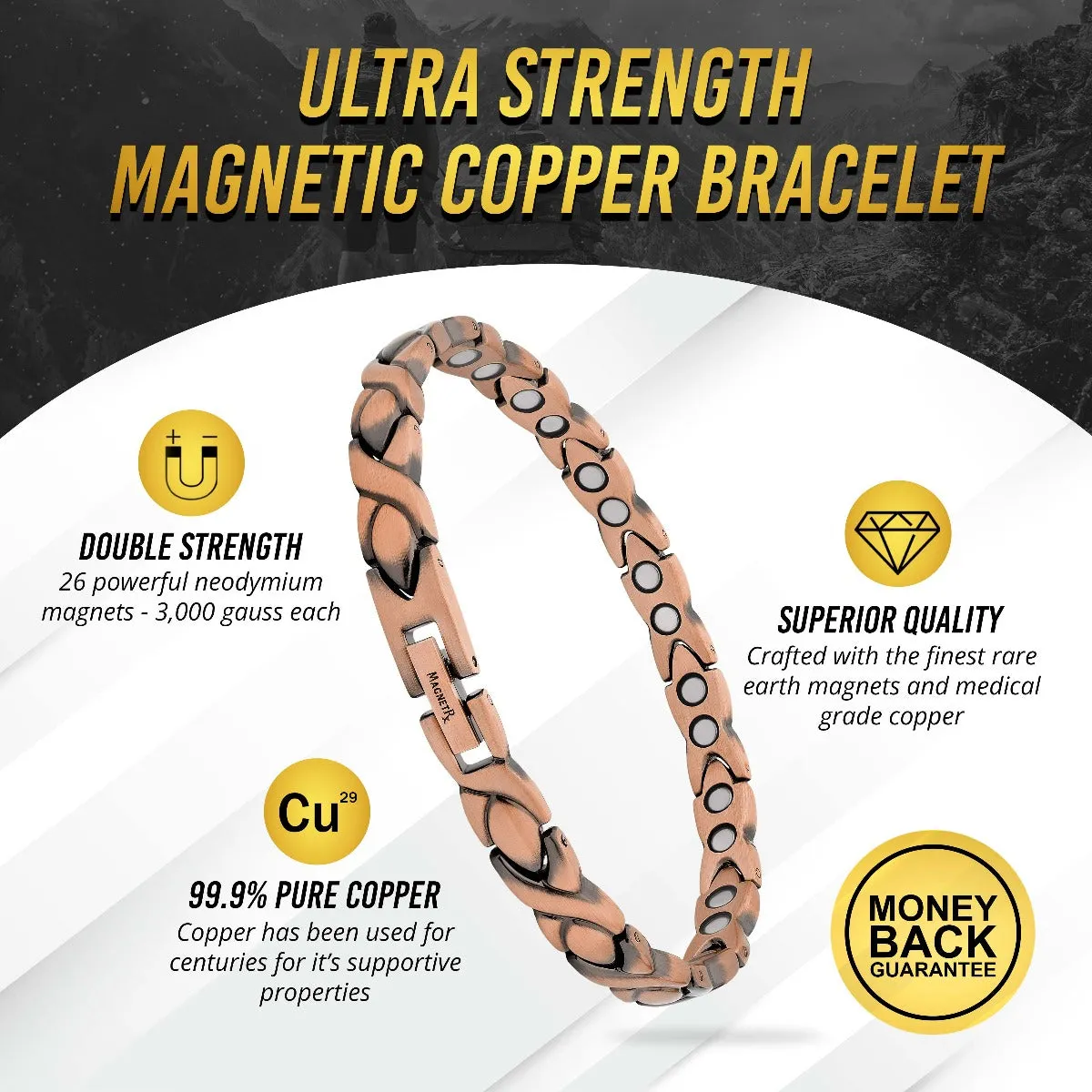 Women’s Ultra Strength Pure Copper Magnetic Therapy Bracelet (XO)